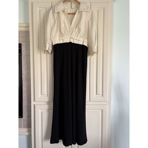 Badgley Mischka White Shirt Black Skirt V Neck Collared Maxi Dress Size 14